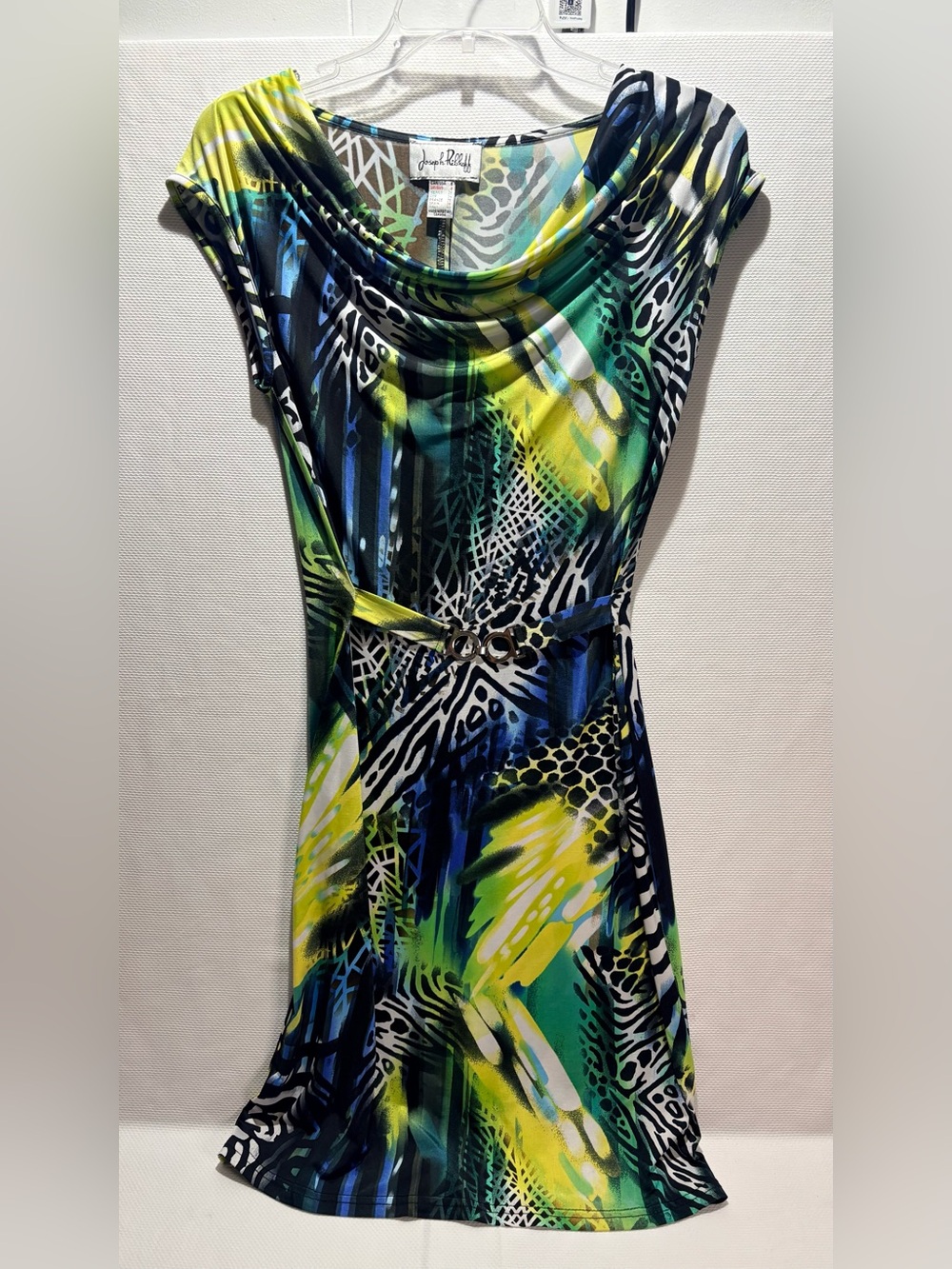 Joseph Ribkoff Abstract Cowl Neck Midi Dress in Blue Green Yellow